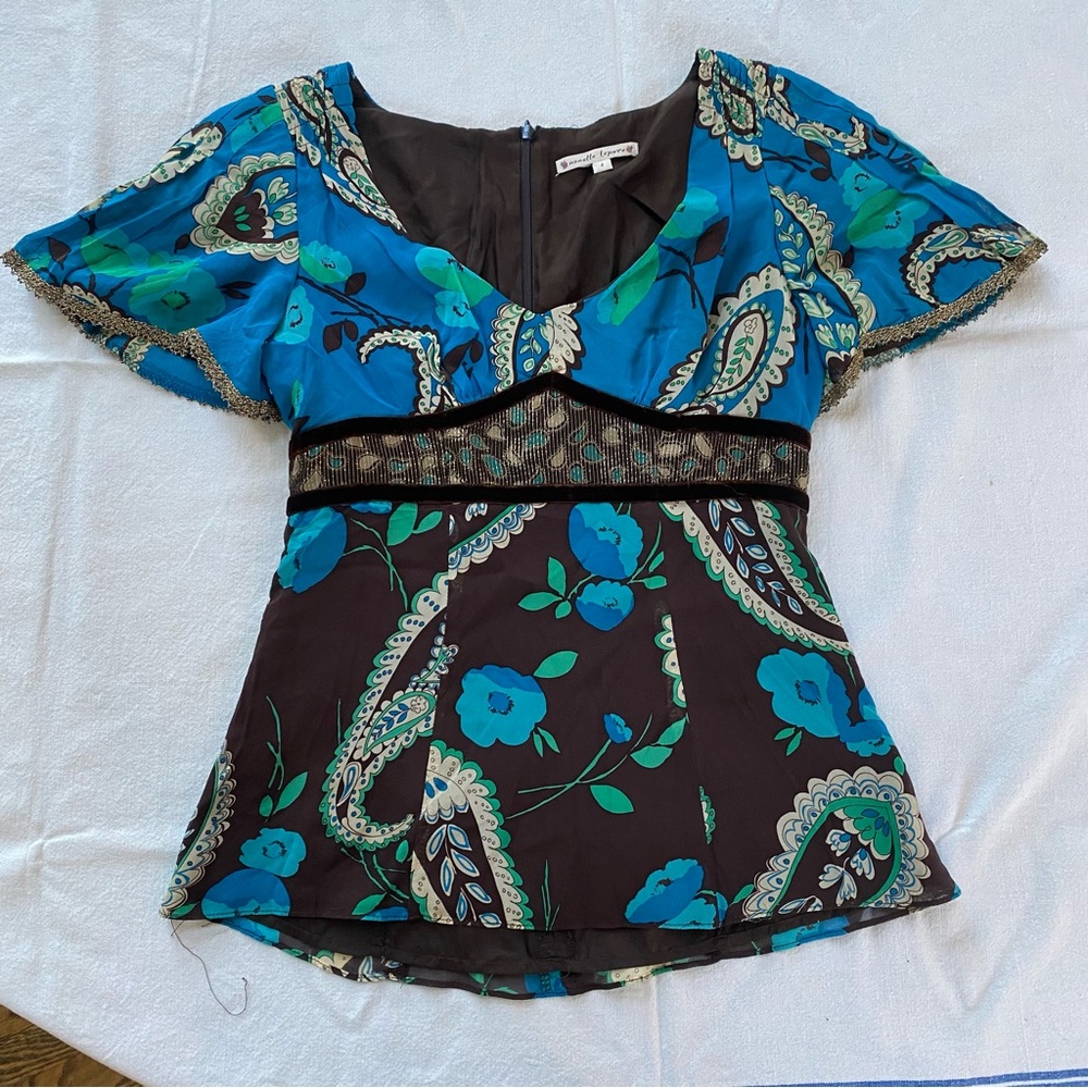 Vintage Nanette Lepore Y2K Babydoll Blue & Brown Print Silk Blouse